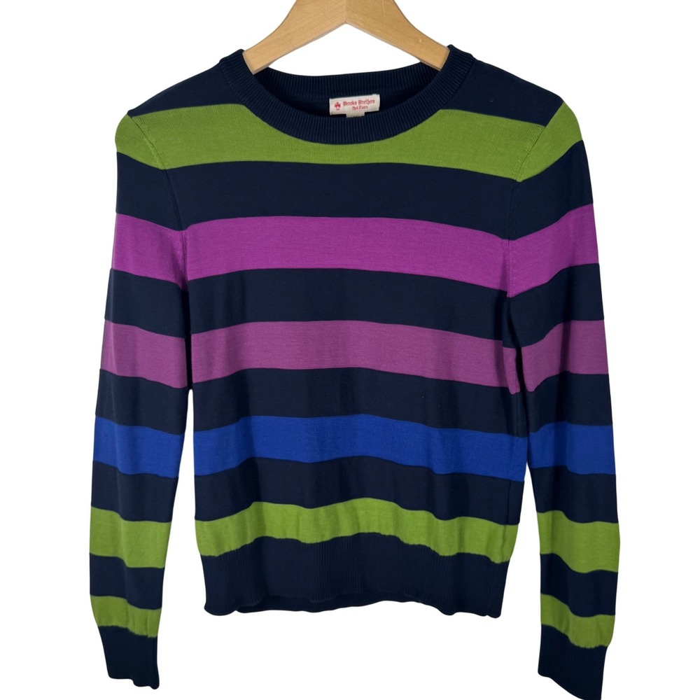 Brooks‎ Brothers Red Fleece Striped Cotton Crewneck Sweater Womens M Navy Green